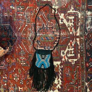 Cleobella x Urban Outfitters Leather Blue and Black Beaded Fringe Bag
